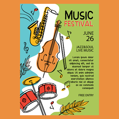JAZZ FESTIVAL BANNER Vertical Musical Concert Poster With Cello Saxophone And Drums Invitation Text On Abstract Colorful Background Hand Drawn Vector Sketch