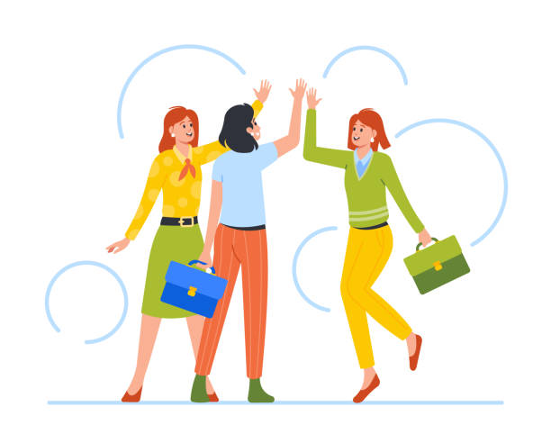 Cheerful Female Characters Giving High Five. Business Team Successful Deal, Command Agreement, Success Celebration vector art illustration