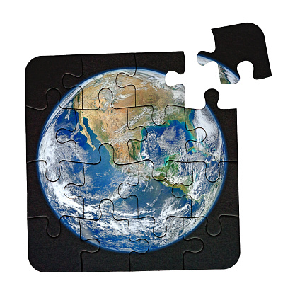 Representing environmental and other challenges, a jigsaw of the Earth needs one last piece. Public domain satellite photo from https://www.nasa.gov/multimedia/imagegallery/image_feature_2159.html