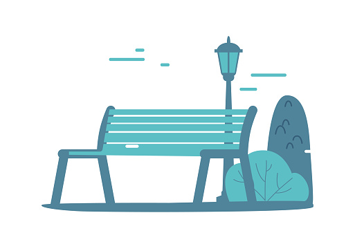Wooden Bench and Street Lamp on Street, City Park Landscape, Background with Contemporary Urban Objects in Minimal Style. Seat and Lantern in Town. Cartoon Vector Illustration