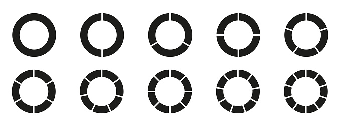 Circles divided diagram 3, 10, 7, graph icon pie shape section chart. Segment circle round vector 6, 9 devide infographic.