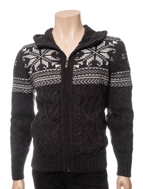 istock Dark grey mens wool cardigan on mannequin isolated on white 1445152456