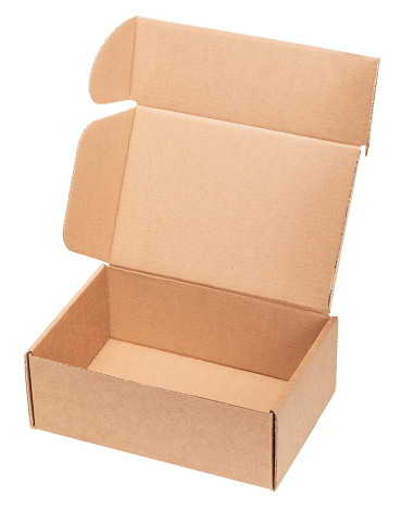 Open empty foldable corrugated postal box isolated on white background