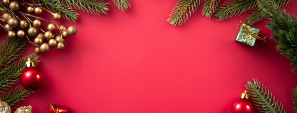 istock Christmas background design concept with beautiful decors and tree branch. 1445155350