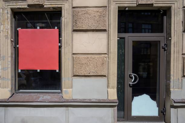 istock empty shop window, abandoned cafe, restaurant, supermarket does not work. 1445155625