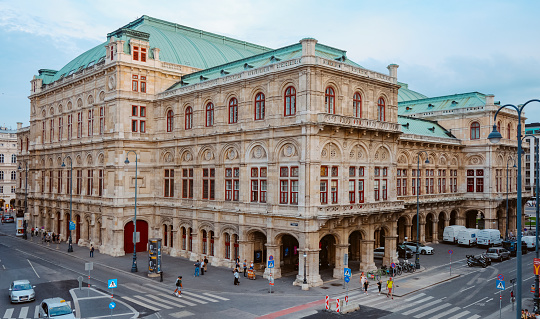 Vienna, Austria - August 27, 2022: A view of the lateral and back facade of the Wiener Staatsoper, the Vienna State Opera building, in Vienna, Austria