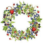 istock Hand-drawn watercolor wreath with wild berries. Wild strawberry, blueberry and blackberry. 1445158656