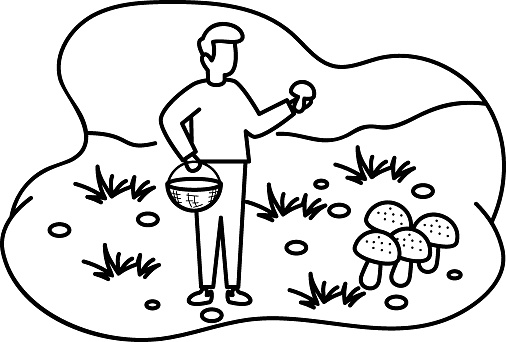 Tourist picking mushrooms from Garden Concept, Autumn Season picking chanterelles fungus vector outline icon design, Outdoor weekend Activity symbol, Tourist Holiday Scene Sign, Happy people at Vacation stock