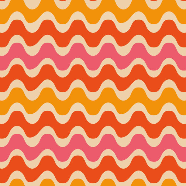 abstrakte retro 70er jahre groovy waves in orange, pink und senfgelb - psychedelic funky yellow orange stock-grafiken, -clipart, -cartoons und -symbole