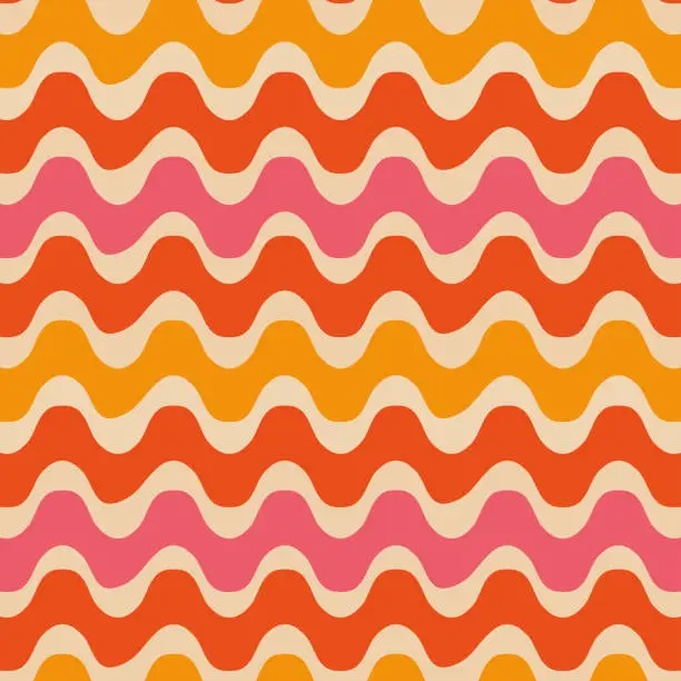 Vector illustration of Abstract retro 70s groovy waves in orange, pink and mustard yellow