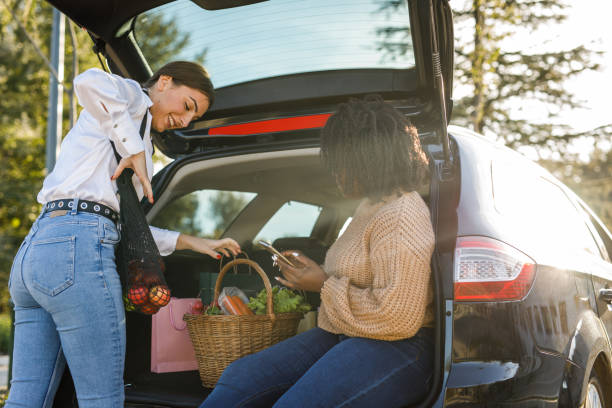 istock Two diverse girlfriends loading fresh produce in a car trunk after going shopping together 1445160809