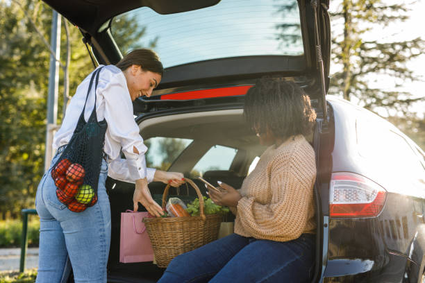istock Two diverse girlfriends loading fresh produce in a car trunk after going shopping together 1445160829