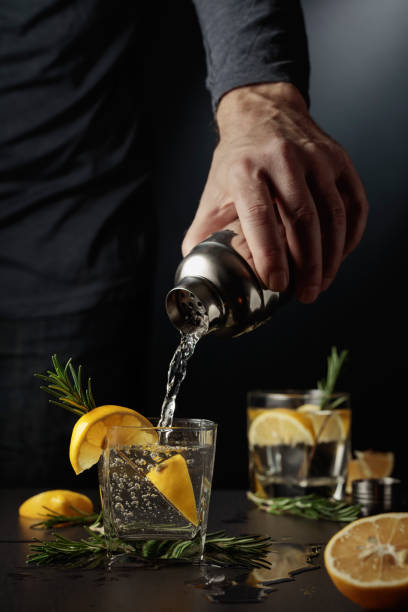 Cocktail Gin-tonic with lemon and rosemary. Cocktail Gin-tonic with lemon and rosemary. The bartender pours a cocktail from a shaker into a glass. laboratory shaker stock pictures, royalty-free photos & images