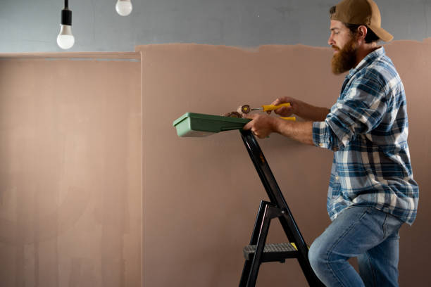 istock painter painting a wall on a ladder on orange background 1445161782