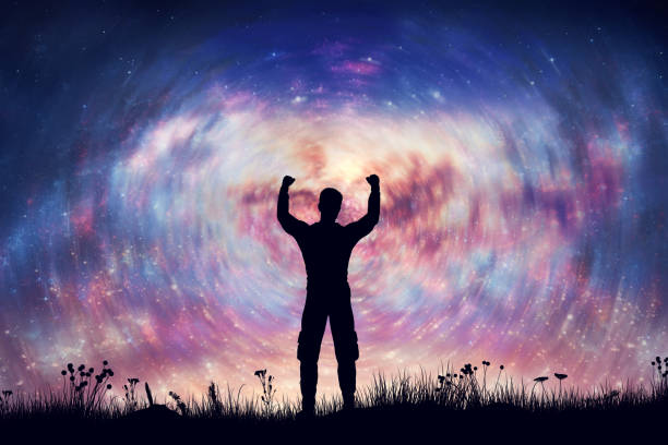 Happy man with hands up on night sky with nebula and stars. Freedom, success, winner. Positive energy. 3d render