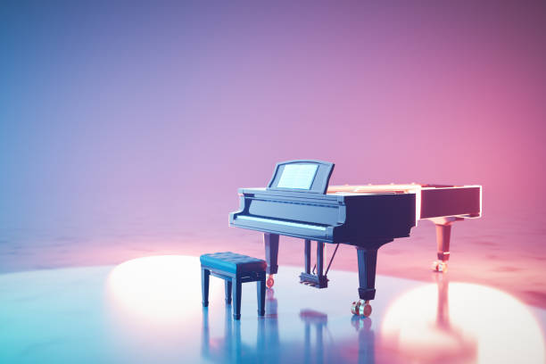istock Classic grand piano keyboard in neon spotlight 1445161893