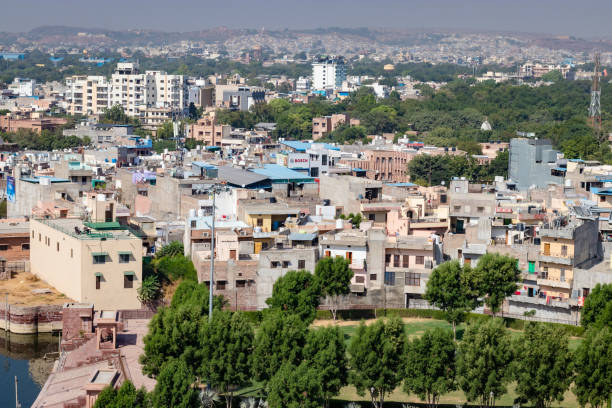 istock cityscape view of crowded town at morning from flat angle with flat sky 1445162101