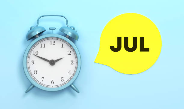istock July written Yellow speech bubble and Blue Alarm Clock 1445162570