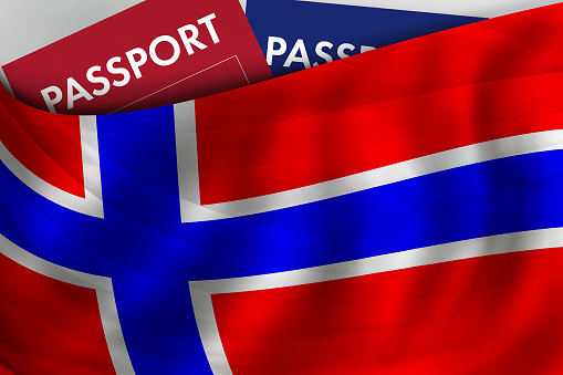 Norwegian flag background and passport of Norway. Citizenship, official legal immigration, visa, business and travel concept.