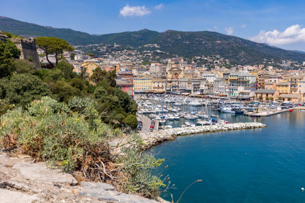 the old port (Vieux Port) of Bastia viewed from the citadel; Bastia, France