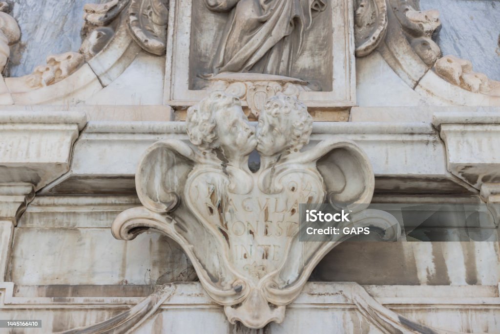statues on the facade of the Oratory of the Immaculate Conception is a baroque place of worship in Bastia in Corsica. statues on the facade of the Oratory of the Immaculate Conception is a baroque place of worship in Bastia in Corsica Baroque Style Stock Photo