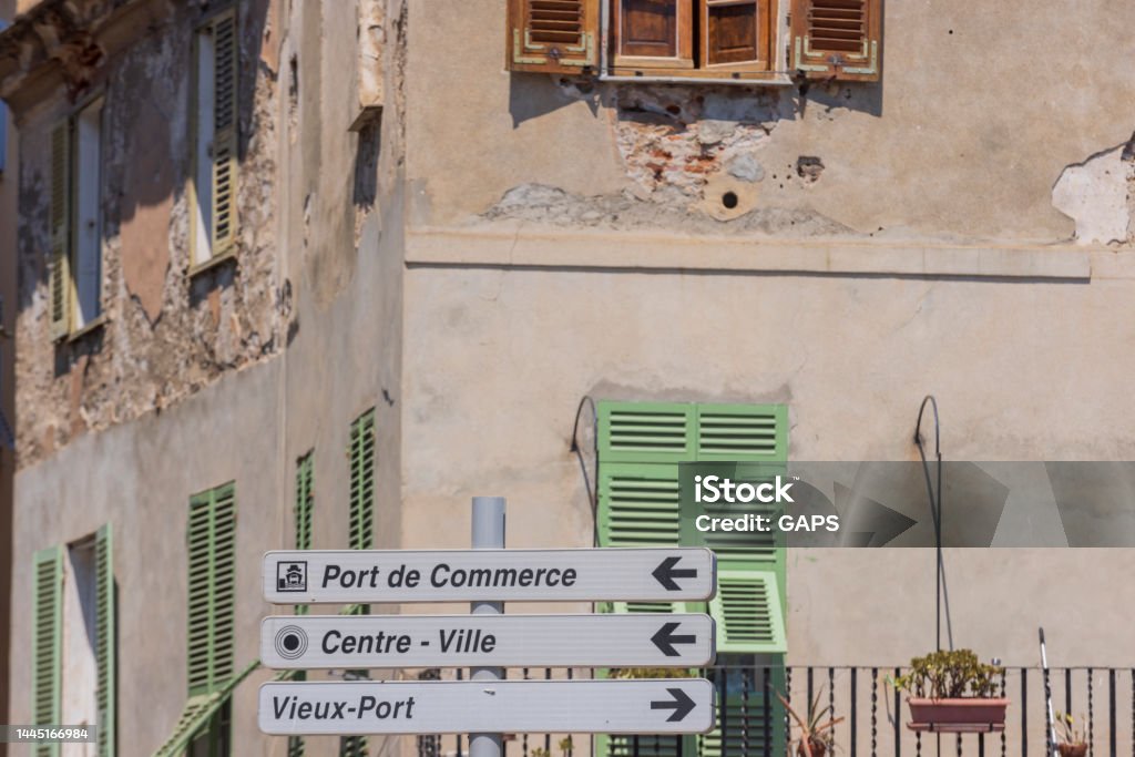 directional signs in the old town of Bastia directional signs in the old town of Bastia; Bastia, France Architecture Stock Photo