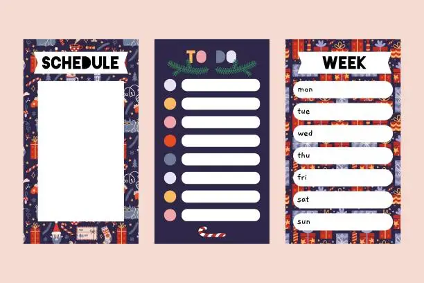 Vector illustration of Trendy editable weekly planner, schedule and to do list, Christmas theme. Vector stock illustration, cartoon style. Templates for stories. Modern backgrounds for social media