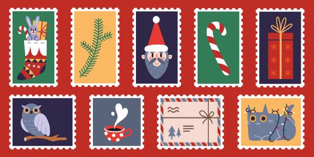 Set of cute hand-drawn post stamps with Christmas and New Year attributes, santa claus, candy cane, cat. Trendy modern vector illustartions in Cartoon style.