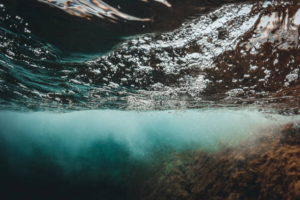 istock Underwater view of waves splashing on rocks. 1445168702