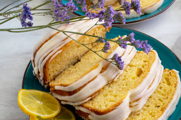 istock Lemon cake. Simple homemade dessert for breakfast. Desert on blue plate. 1445169441