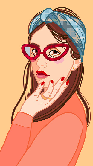 Vector illustration of a girl in a checkered head scarf and vintage glasses