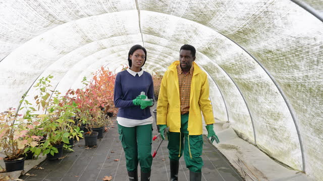 Two gardeners walking in garden center greenhouse