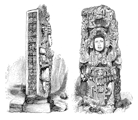 Copan Stela N, South Face, engraving, as drawn by Frederick Catherwood, 1839
Depicting King K'ac Yipyaj Chan K'awiil ( Smoke Shell ), ruled 749-763.
Kak Yipyaj Chan Kawiil (died 763) was a ruler of the Mayan city of Copán. He was the son of Kak Joplaj Chan Kawiil. The early period of his rulership fell within Copán's hiatus but later on he began a programme of renewal in an effort to recover from the earlier disaster of the city.
Original edition from my own archives
Source : America 1892