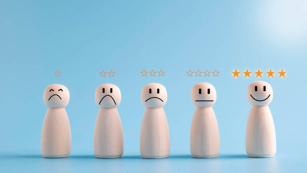 istock Service user give five star rating to service experience for Customer review satisfaction feedback survey concept, Human wooden dolls 1445177122