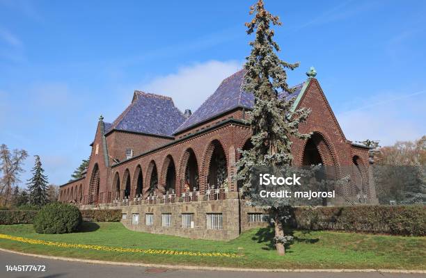 Crematorium And Mortuary In The Public Cemetery Stock Photo - Download Image Now - Blue, Built Structure, Cemetery