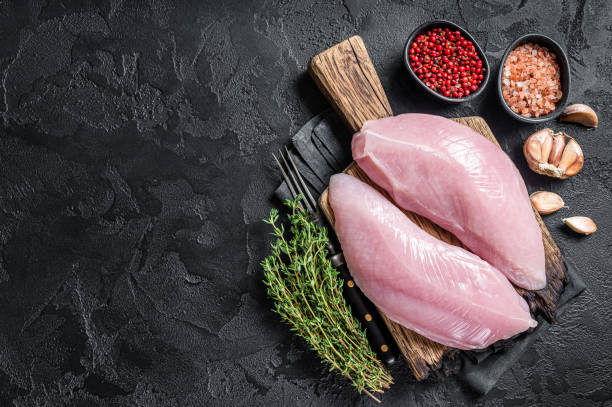 istock Uncooked Raw Turkey Breasts fillet steaks with herbs. Black background. Top view. Copy space 1445177571
