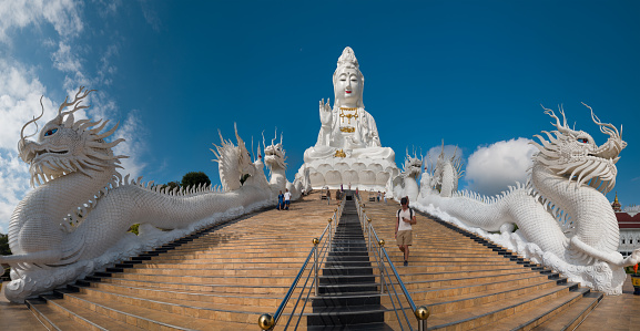 Chiang Rai, Thailand. November 16, 2022; Thailand the biggest Guanyin statue in Chinese temple wat Huay Pla Kang at Chiang Rai. Nort of  Thailand's most touristic places