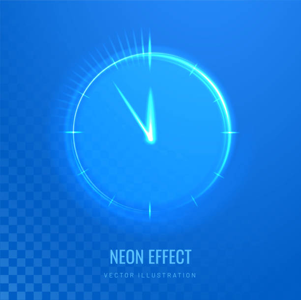 Clock light effect in digital futuristic style. Glowing clock silhouette as a symbol of time. Vector illustration of laser blue neon clock for background Clock light effect in digital futuristic style. Glowing clock silhouette as a symbol of time. Vector illustration of laser blue neon clock for background midnight stock illustrations