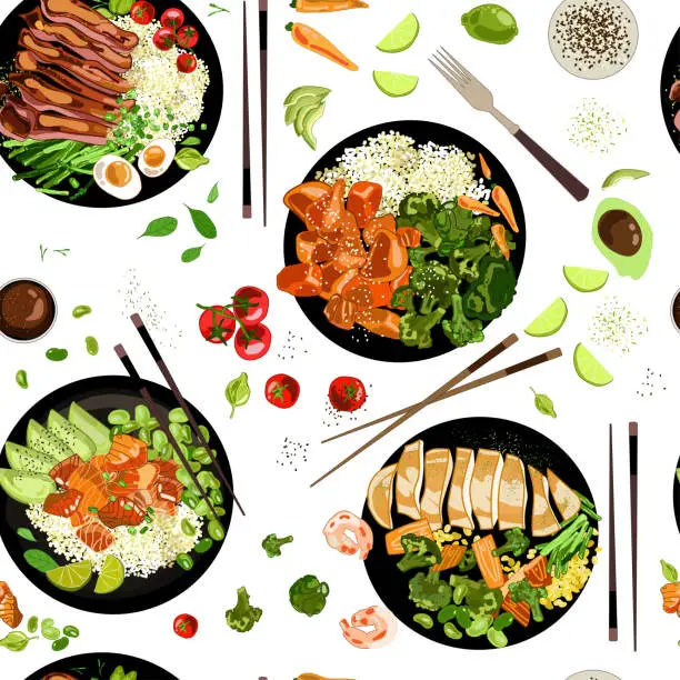 Vector illustration of Plates of various healthy food seamless pattern, drawn in hand-drawn cartoon style