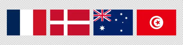 Vector illustration of National flag set. France, Denmark, Australia, Tunisia