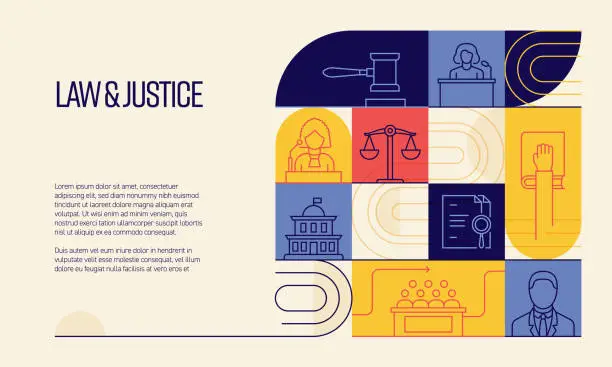 Vector illustration of Law and Justice Related Design with Line Icons. Simple Outline Symbol Icons.