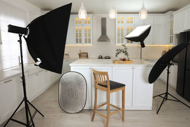 istock Professional photo studio equipment prepared for shooting kitchen interior 1445181841