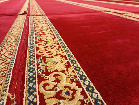 shaf in the mosque or prayer room, red carpet with shaf, empty no people