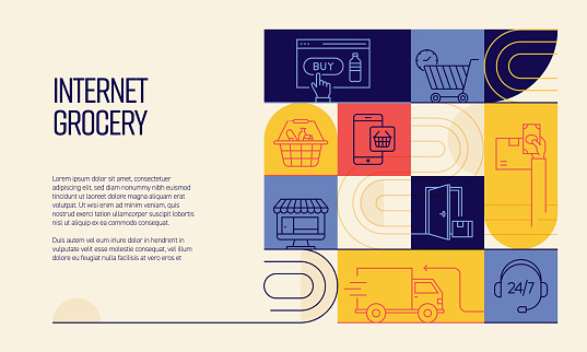 Internet Grocery Related Design with Line Icons. Simple Outline Symbol Icons.