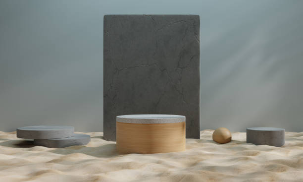 istock 3D rendering, Brown stone podium, Cosmetic display stand on blue background. presentation backdrop. 1445182756