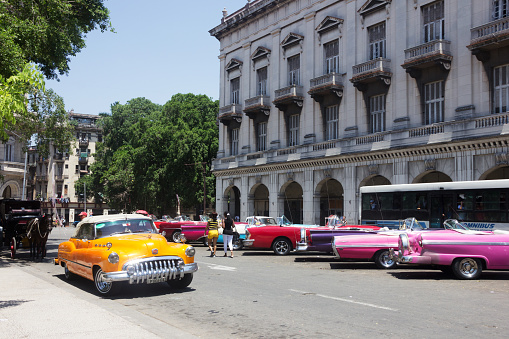 Havana, Cuba, July 2016. Retro color cars in the downtown of Havana.