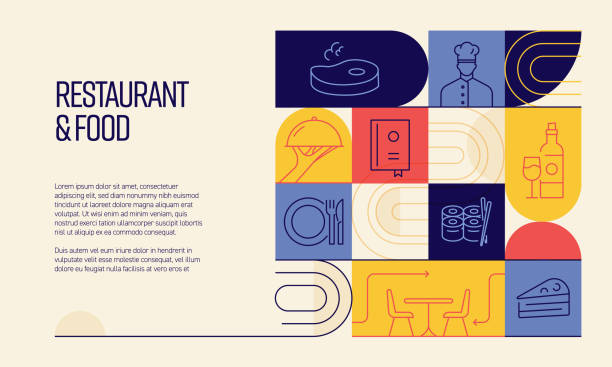 ilustraciones, imágenes clip art, dibujos animados e iconos de stock de diseño relacionado con restaurantes y alimentos con iconos de línea. iconos de símbolo de contorno simple. - salad food beer restaurant