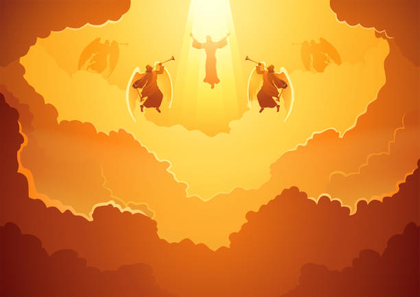 ilustraciones, imágenes clip art, dibujos animados e iconos de stock de tema del día del juicio - resurrection light religion sky