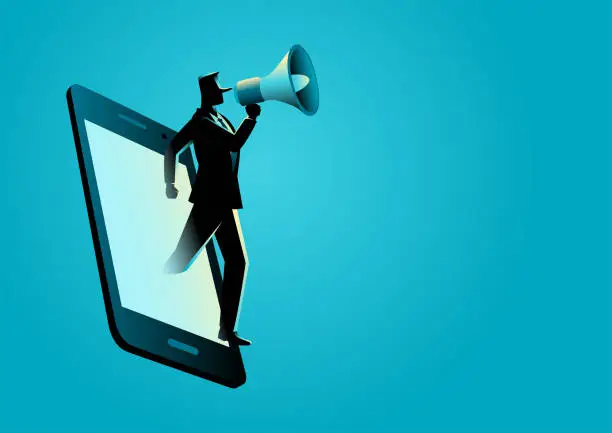 Vector illustration of Man with long nose comes out from cellphone using megaphone