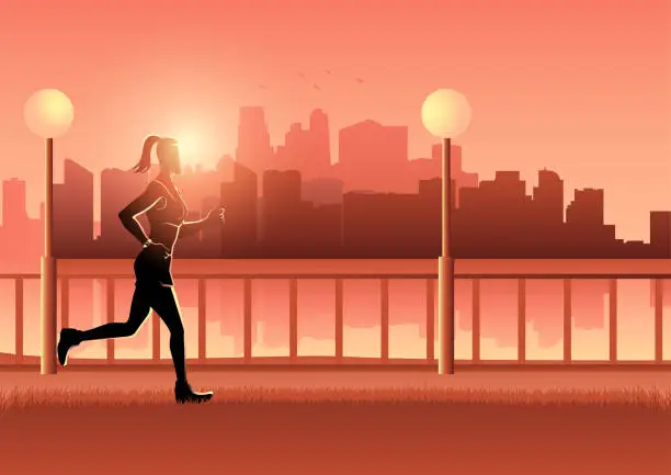 Vector illustration of Female figure jogging with cityscape as the background